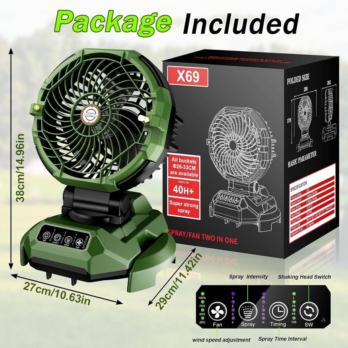 Portable Misting Fan - 30000mAh Battery Powered, 4-Speed Cooling Fan with Adjustable Spray, 120° Oscillation for Camping, Patio, Adjustable Base for 10-13in Water Tank(No Bucket Included)