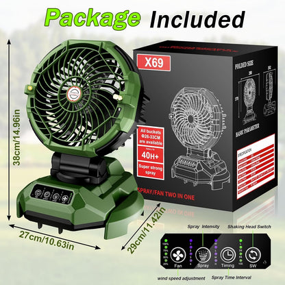 Portable Misting Fan - 30000mAh Battery Powered, 4-Speed Cooling Fan with Adjustable Spray, 120° Oscillation for Camping, Patio, Adjustable Base for 10-13in Water Tank(No Bucket Included)