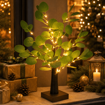 PUCACHI 2FT Lighted Faux Eucalyptus Tree, 35 Warm White LED Lights, Flexible Branches, 4H/6H/8H Timer, USB or Battery Powered for Tabletop Home Decor