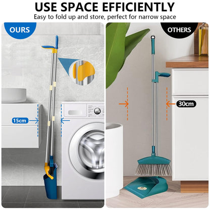 Broom and Dustpan Set, Adjustable Handle, Self-Cleaning Teeth, Space-Saving for Home, Kitchen, Office (Blue)