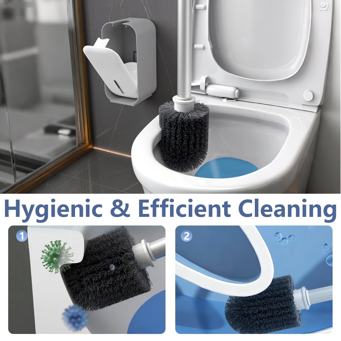 Toilet Brush with Holder – Wall Mounted Self-Closing Set with Long Handle & Silicone Bristles for Bathroom Cleaning