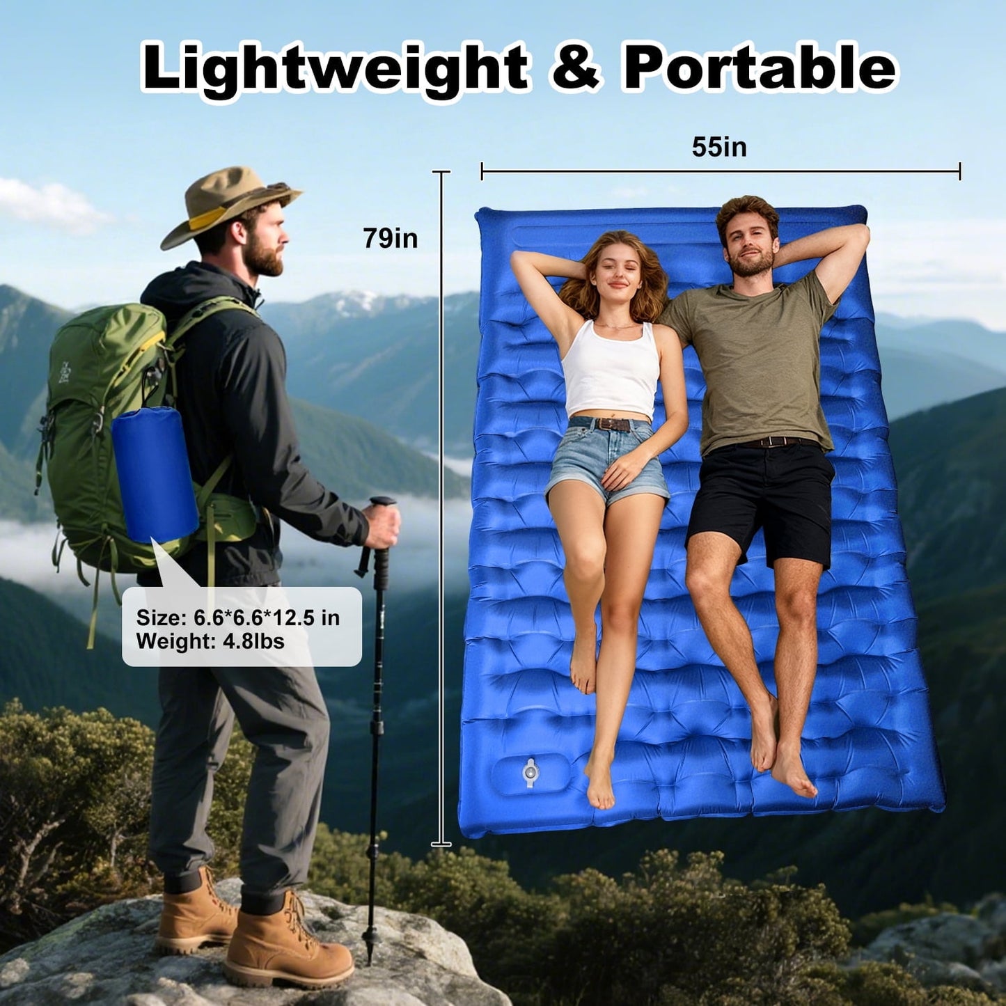 Double Camping Sleeping Pad, 6" Extra-Thick Reinforced Camping Sleeping Pad with Pillows & Built-in Foot Pump, Ultralight Self Inflating Air Mattress Mat for Tent Hiking Essentials Gear