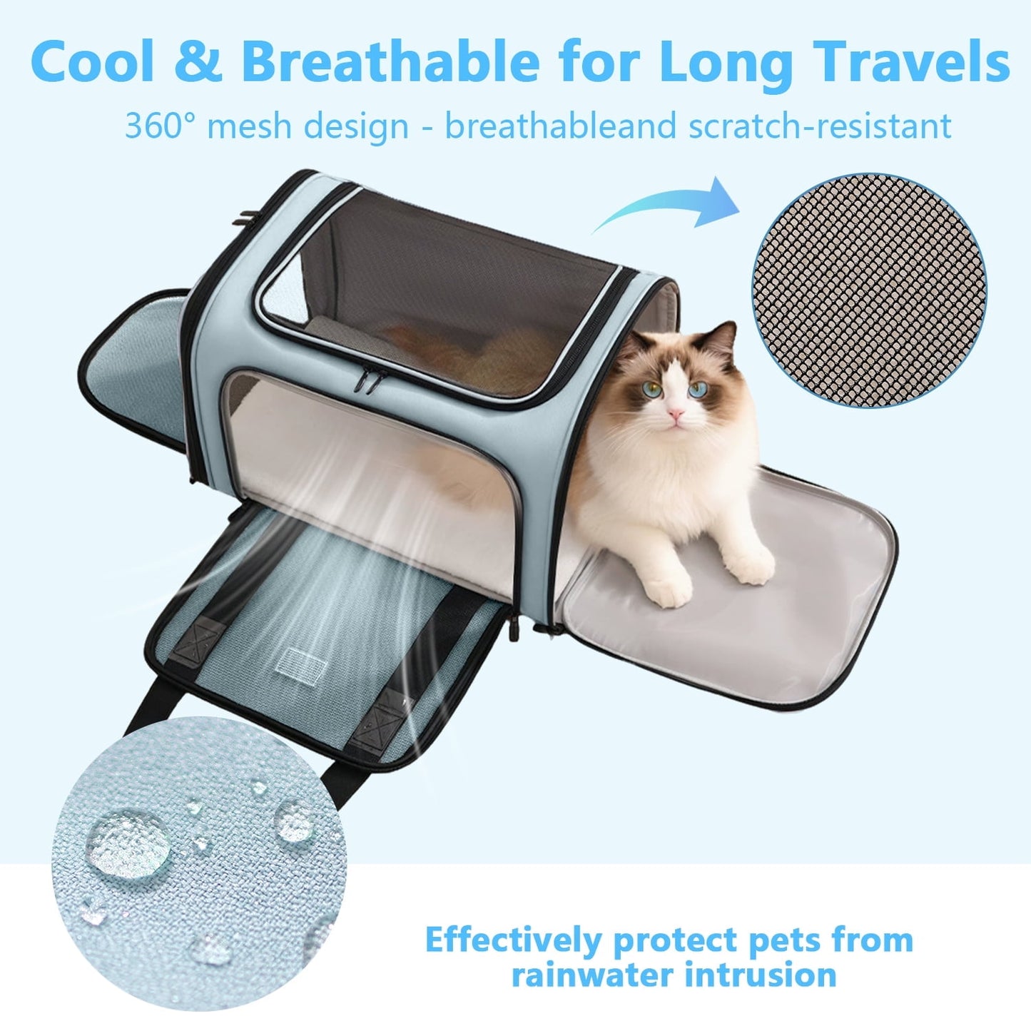 Merryhome 18 in Cat Carrier for Small Cats & Dogs up to 15 lbs – Airline Approved Foldable Soft-Sided Pet Travel Bag, Waterproof, Blue