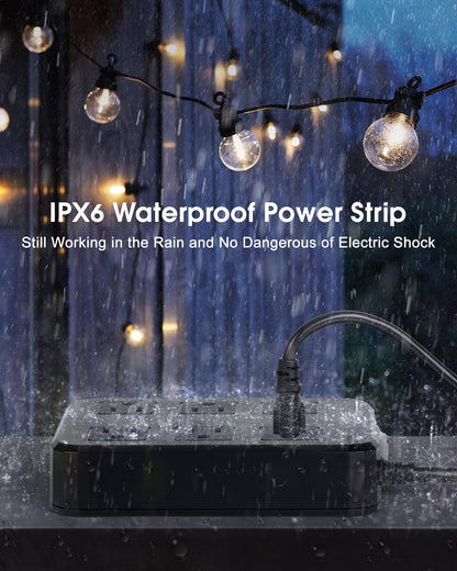 IPX6 Outdoor Power Strip Weatherproof, Waterproof Surge Protector with 6 Wide Outlet with 3 USB Ports, 6FT Long Extension Cord, Wall Mountable for Outside Decorations