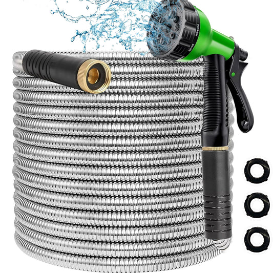 Metal Garden Hose 50ft, 304 Stainless Steel Garden Hose, Heavy Duty Water Hoses with 10 Function Hose Nozzle, Flexible, No Kink & Tangle, Puncture Proof Hose for Yard, Outdoors, Rv