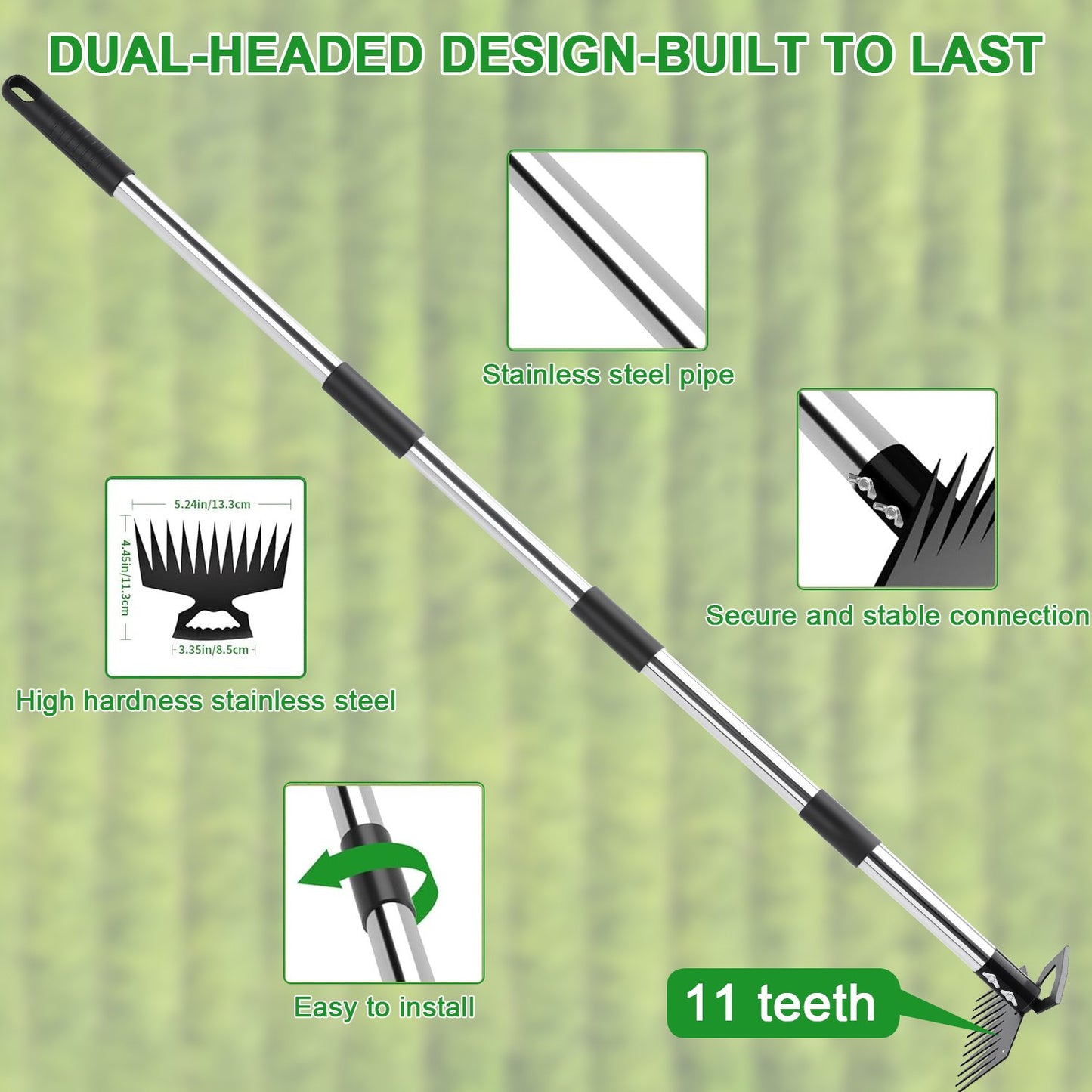 Merryhome 60″ Long‑Handle Weed Puller Tool – 11‑Teeth Steel Head Garden Weeding Tool & Lawn Dandelion Remover for Yard, Patio, Outdoor Use
