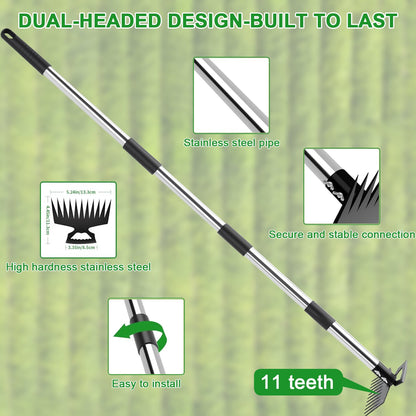 Merryhome 60″ Long‑Handle Weed Puller Tool – 11‑Teeth Steel Head Garden Weeding Tool & Lawn Dandelion Remover for Yard, Patio, Outdoor Use