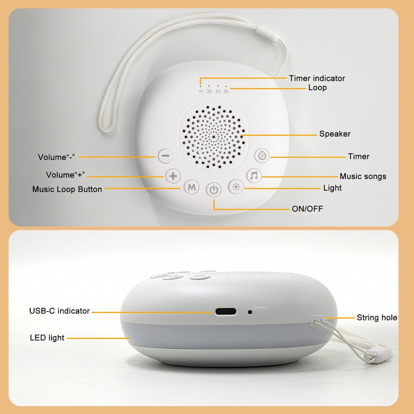 White Noise Sound Machine Portable - 20 Soothing Sounds Timer Adjustable Volume with Soft Night Light for Adult Sleep, Home or Travel Use