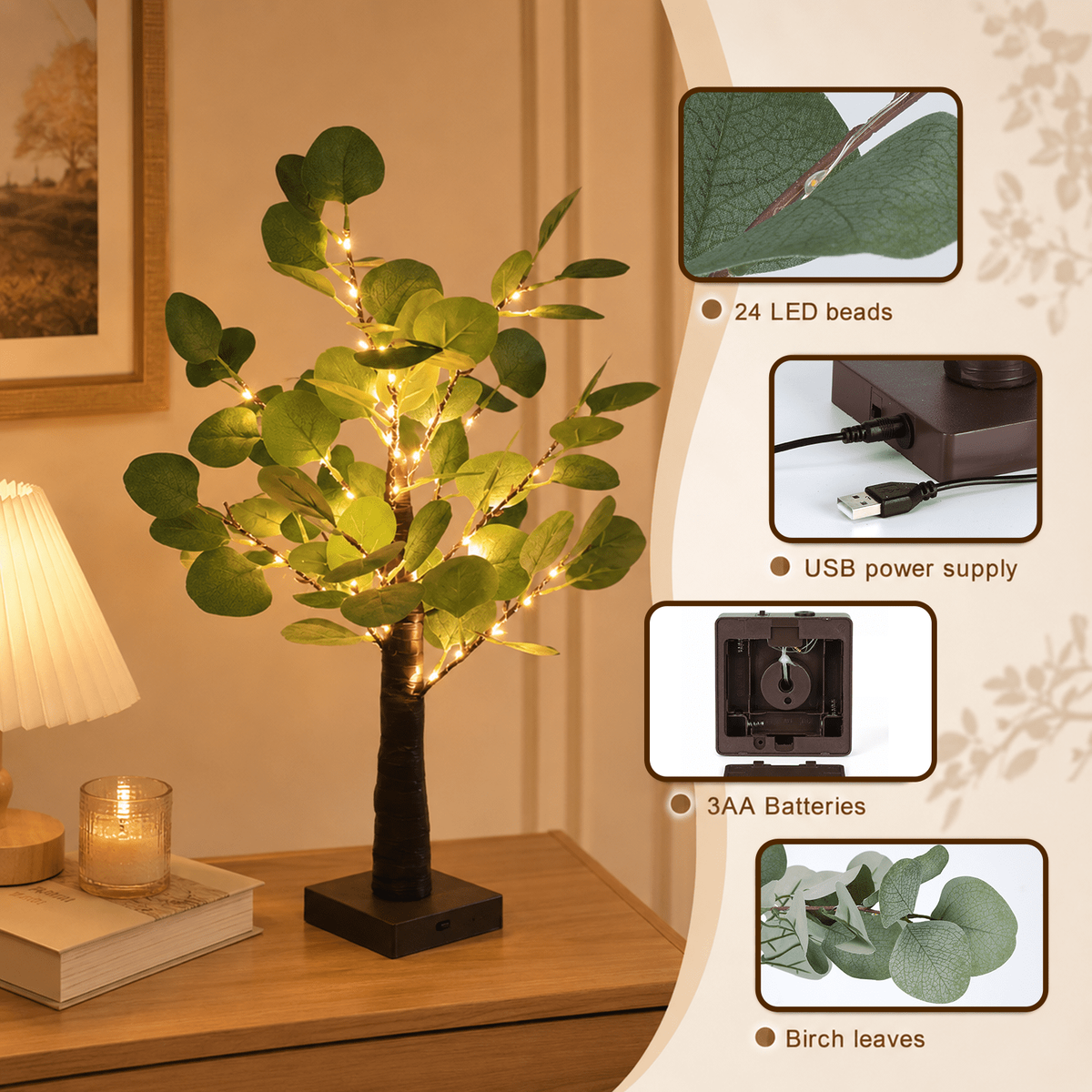 PUCACHI 2FT Lighted Faux Eucalyptus Tree, 35 Warm White LED Lights, Flexible Branches, 4H/6H/8H Timer, USB or Battery Powered for Tabletop Home Decor