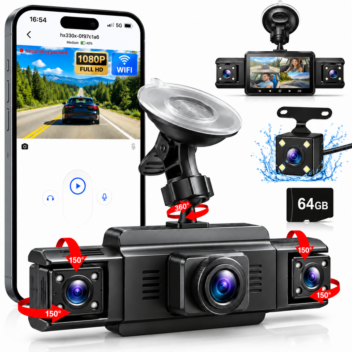Henotian 4 Channel Dash Cam Front and Rear, 1080P Dash Camera for Car with Dual 120° Interior Cameras, WiFi APP, 64GB Card, G-Sensor, Loop Recording, Parking Monitor