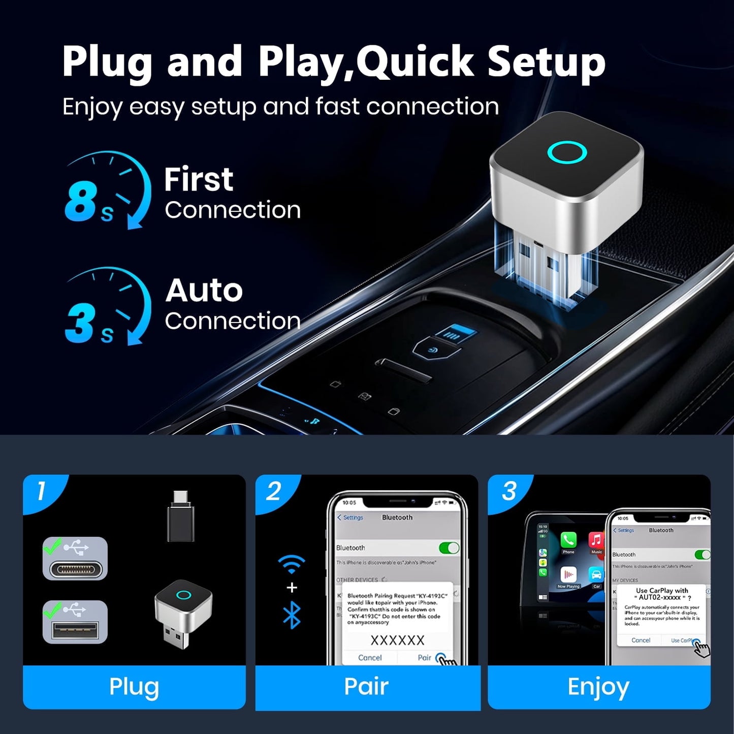 Wireless CarPlay Adapter, 2-in-1 Apple CarPlay and Android Auto Adapter, Convert Wired to Wireless, Plug and Play for iOS 10+ & Android 10+, Black