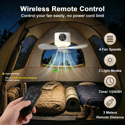 Merryhome Camping Fan with Light, 7200mAh Rechargeable Tent Fan with Remote, 4 Speeds, Timer and LED Lantern for Camping, Travel and Emergency, White