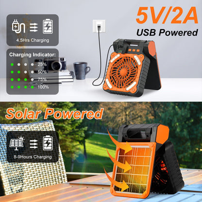10400mAh Solar Camping Fan with Light,Camping Fan with Solar Panel,3 Timer Settings & 4 Speeds USB Rechargeable Solar Powered Fan for Camping Fishing Travel Hurricane Power Outage（Orange）