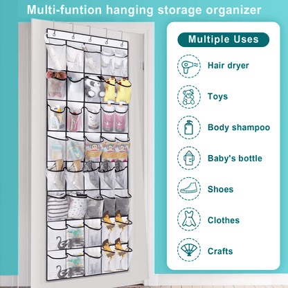 SPORTS JOY 40 Pockets Over the Door Shoe Organizer, Hanging Shoe Organizer for Door with 40 Mesh Pockets Large Capacity Shoe Hanging Storage Bag with 4 Metal Hooks (White)