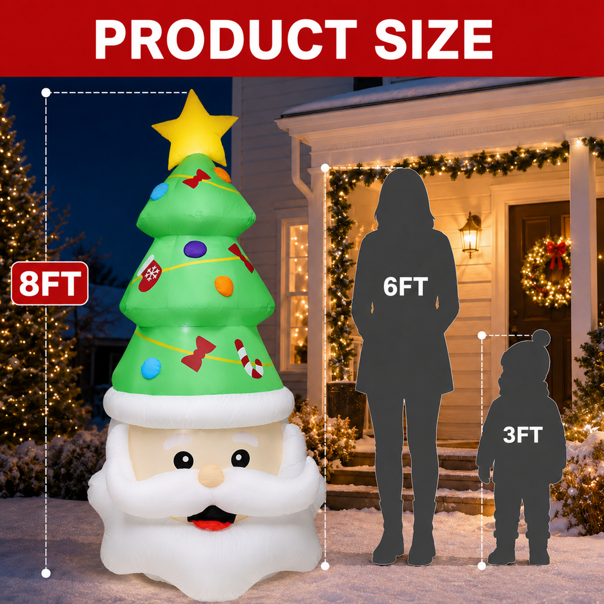 PUCACHI 8FT Christmas Inflatable Santa Claus and Tree Decoration, Built-in LED Lights Blow Up for Party Lawn Holiday Winter Outdoor Decor