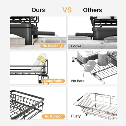 Teblint 2 Tier Dish Racks for Kitchen Counter, Expandable Dish Drying Rack with Dish Drainer, Detachable Dish Dryer for Kitchen Organizer, Rust-Resistant Dish Rack Drain Set with Utensil Holder