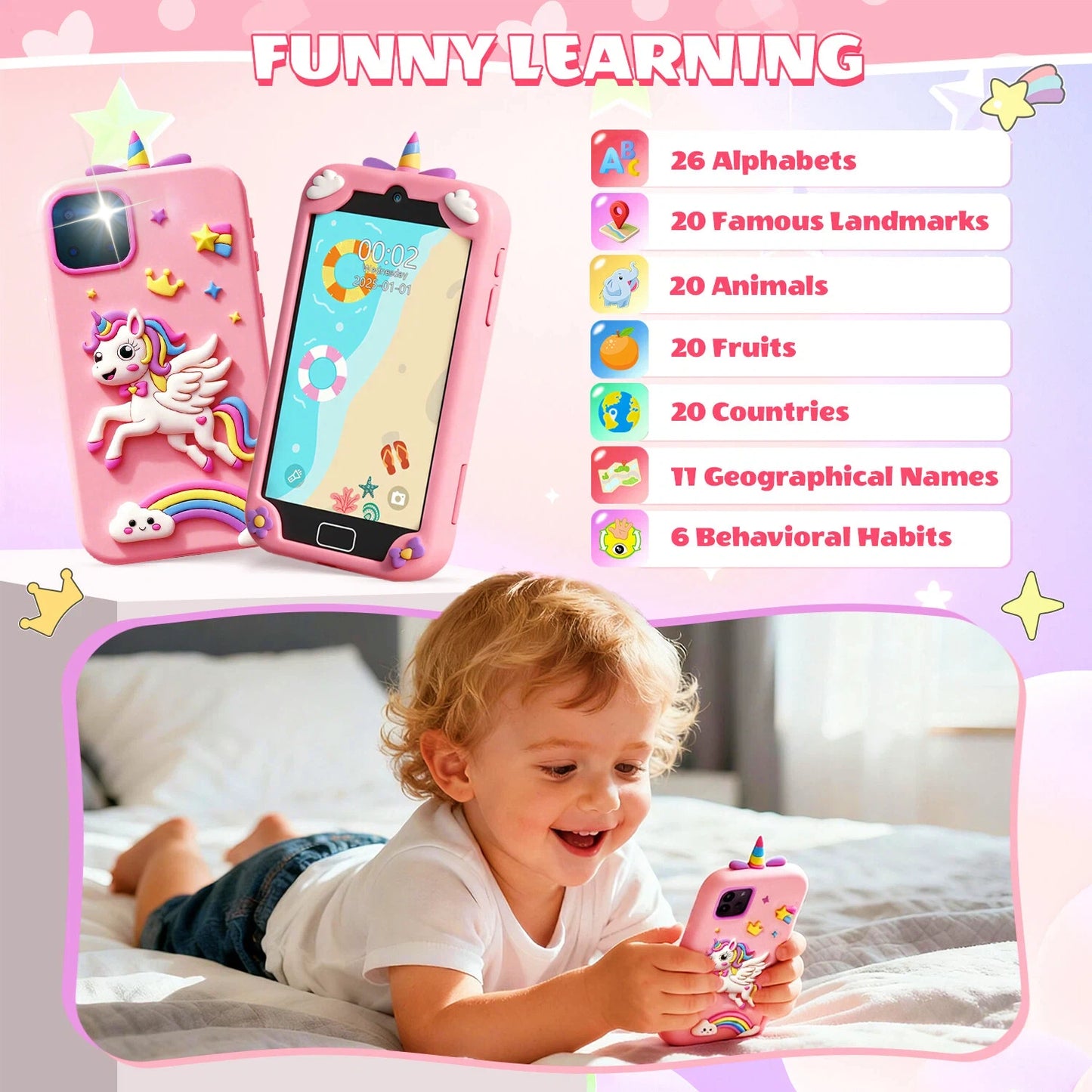 Teblint Kids Smart Phone with Holographic Pyramid, 4" Touchscreen Toddler Learning Play Toy, Kids Cell Phone Toy with 32 GB Card, Christmas Birthday Gift for Ages 3-12, Dual Camera, Music Player