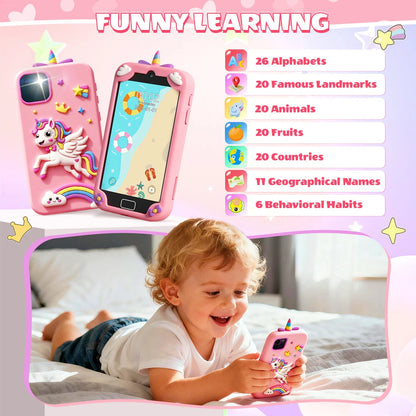 Teblint Kids Smart Phone with Holographic Pyramid, 4" Touchscreen Toddler Learning Play Toy, Kids Cell Phone Toy with 32 GB Card, Christmas Birthday Gift for Ages 3-12, Dual Camera, Music Player