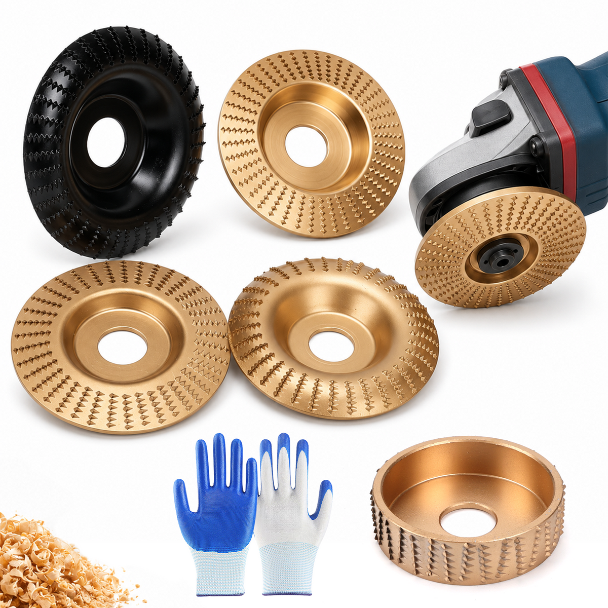 Angle Grinder Polishing Pad, 5PCS Wood Carving Disc Set with Gloves, Carbon Steel Grinding Shaping Wheel for 4-1/2 Inch Grinder, Stump Sanding Polishing Kit