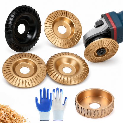 Angle Grinder Polishing Pad, 5PCS Wood Carving Disc Set with Gloves, Carbon Steel Grinding Shaping Wheel for 4-1/2 Inch Grinder, Stump Sanding Polishing Kit
