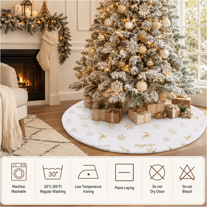 PUCACHI 48in Christmas Tree Skirt,White Faux Fur Christmas Tree Skirt with Gold Sequin Snowflakes & Deers,Large Plush Tree Skirts for Xmas Holiday Party Decorations