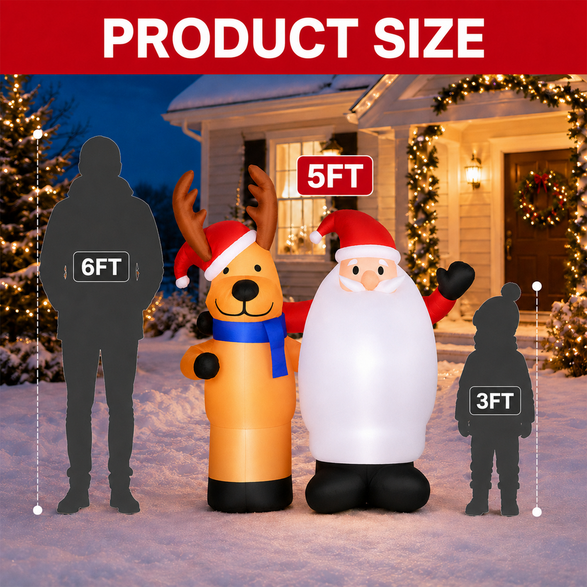 5Ft Christmas Inflatable Decorations, Blowup Santa and Reindeer, Lighted Xmas Inflatable for Yard Front Door Indoor & Outdoor Decor