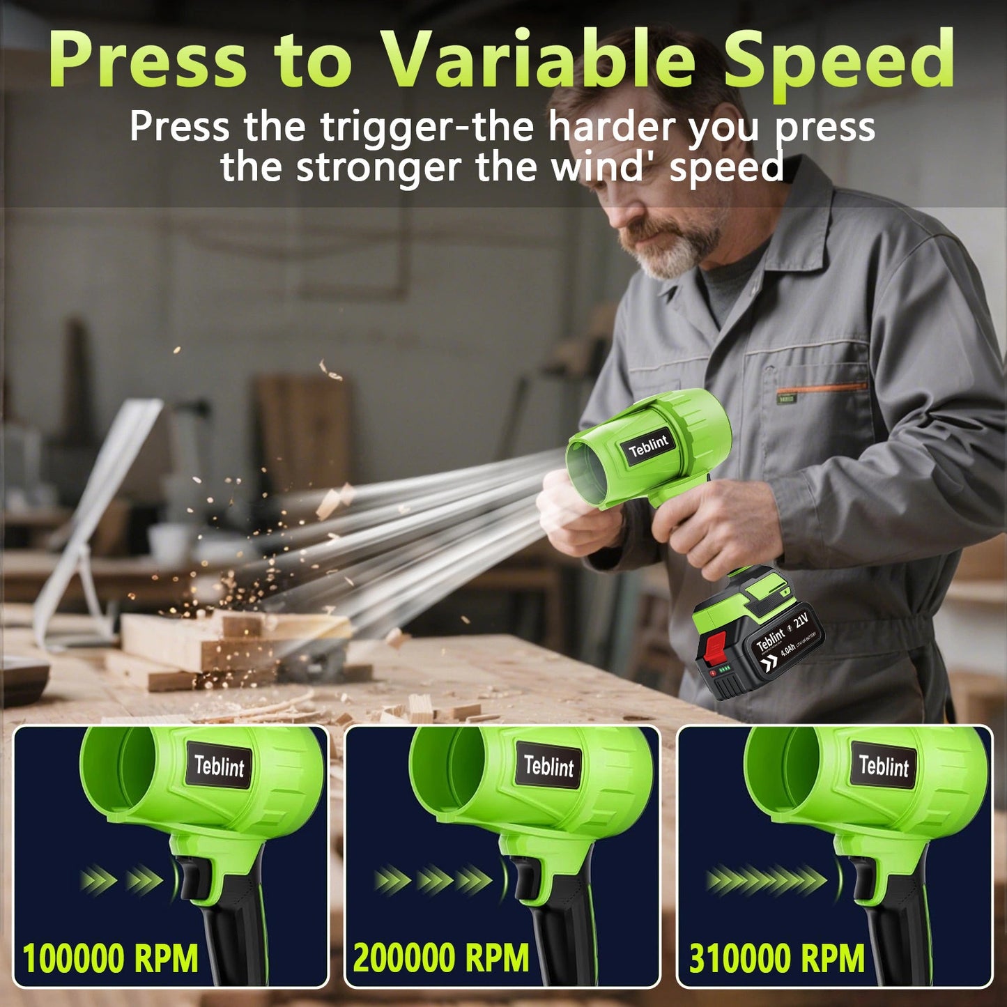Teblint Cordless Leaf Blower for Lawn Care, 370CFM & 150MPH Handheld Turbo Jet Blower with 2×4.0Ah Batteries & Fast Charger, Adjustable Speed, Green