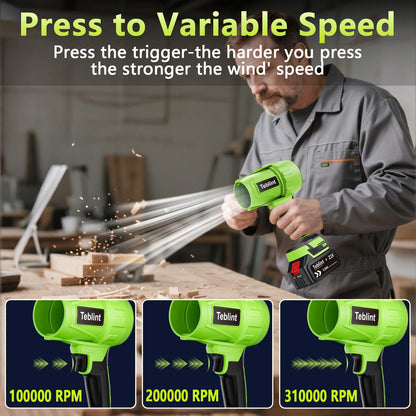 Teblint Cordless Leaf Blower for Lawn Care, 370CFM & 150MPH Handheld Turbo Jet Blower with 2×4.0Ah Batteries & Fast Charger, Adjustable Speed, Green