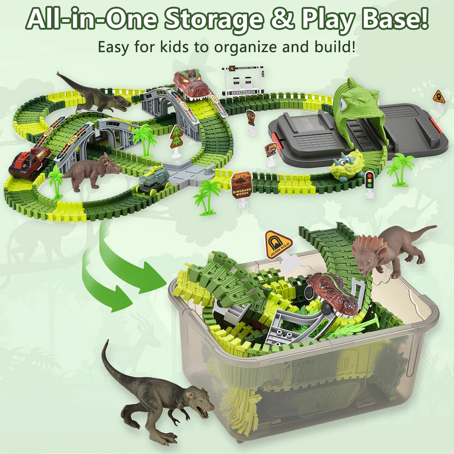 Teblint 247 Pcs Dinosaur Toys Race Car Track Set Toys, Flexible Dinosaur World Road Race Track Playset, 2 Pcs Dinosaur Car & Storage Box, Birthday Party Best Gift for 3-7 Year Old Kids