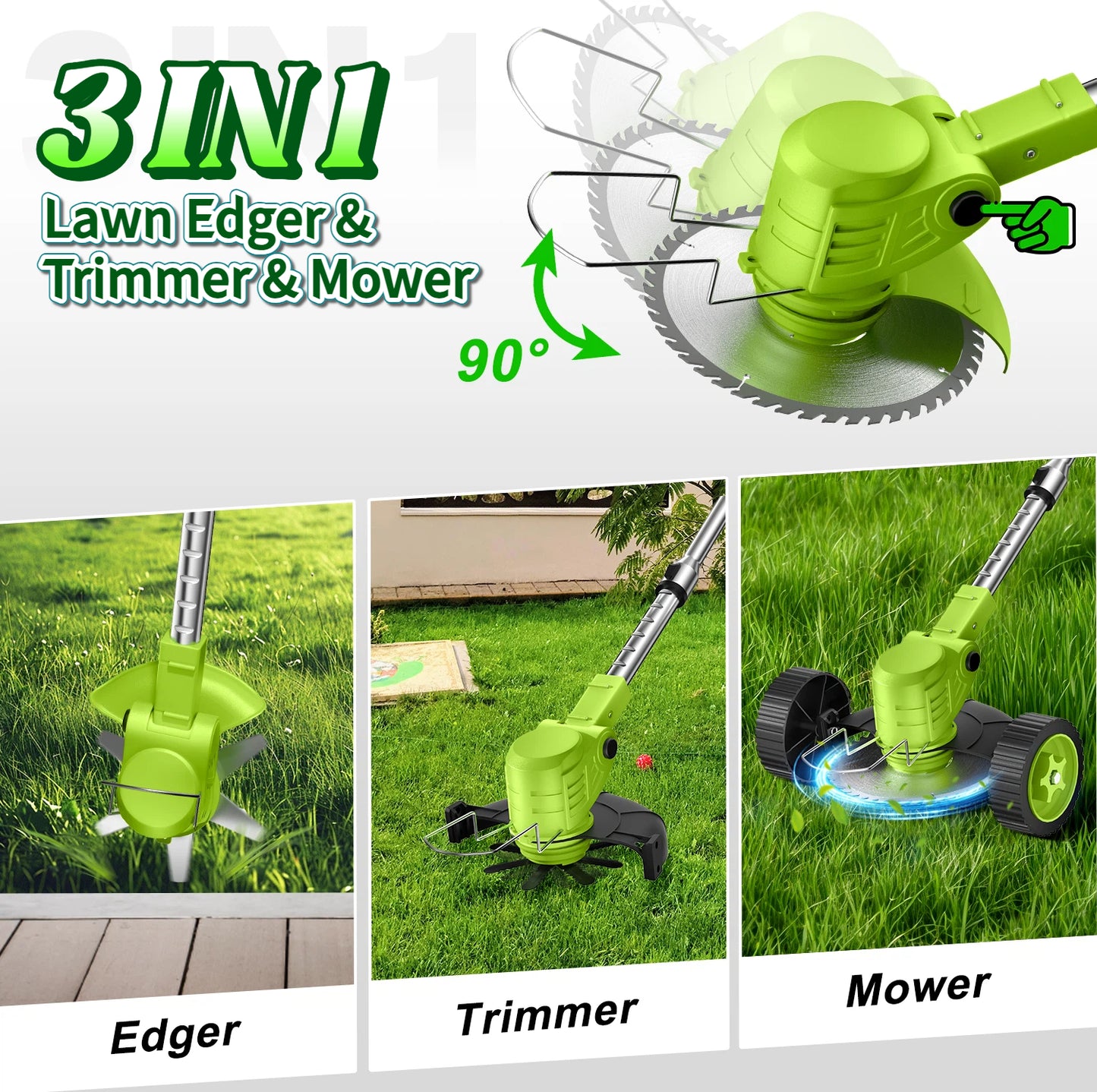 Teblint 800W Electric Weed Wacker, Cordless String Trimmer, Weed Eater Grass Trimmer/Edger/Cutter with Wheels, 2Pcs 21V Batteries, 4 Types of Blades, Adjustable Length for Lawn Yard Garden (Green)