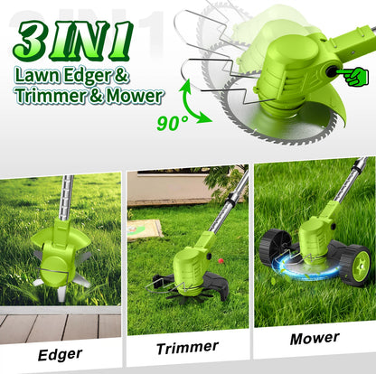 Teblint 800W Electric Weed Wacker, Cordless String Trimmer, Weed Eater Grass Trimmer/Edger/Cutter with Wheels, 2Pcs 21V Batteries, 4 Types of Blades, Adjustable Length for Lawn Yard Garden (Green)