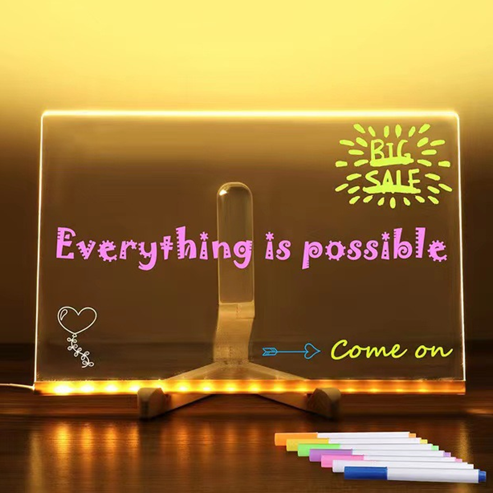 Acrylic Dry Erase Board with Light 7.9 X 11.8in Light up Dry Erase Board with Stand as a Glow Memo LED Letter Message Board led Note Board White Board with 7 Color Pen for Office School Home