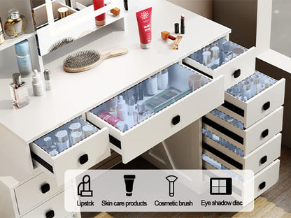 Farmhouse Vanity Desk With Sliding Mirror,Lights And Charging Station,Makeup Table Desk With Dimmable Led Light & Sponge Soft Stool, Makeup Vanity with 11 Drawers for Bedroom, White