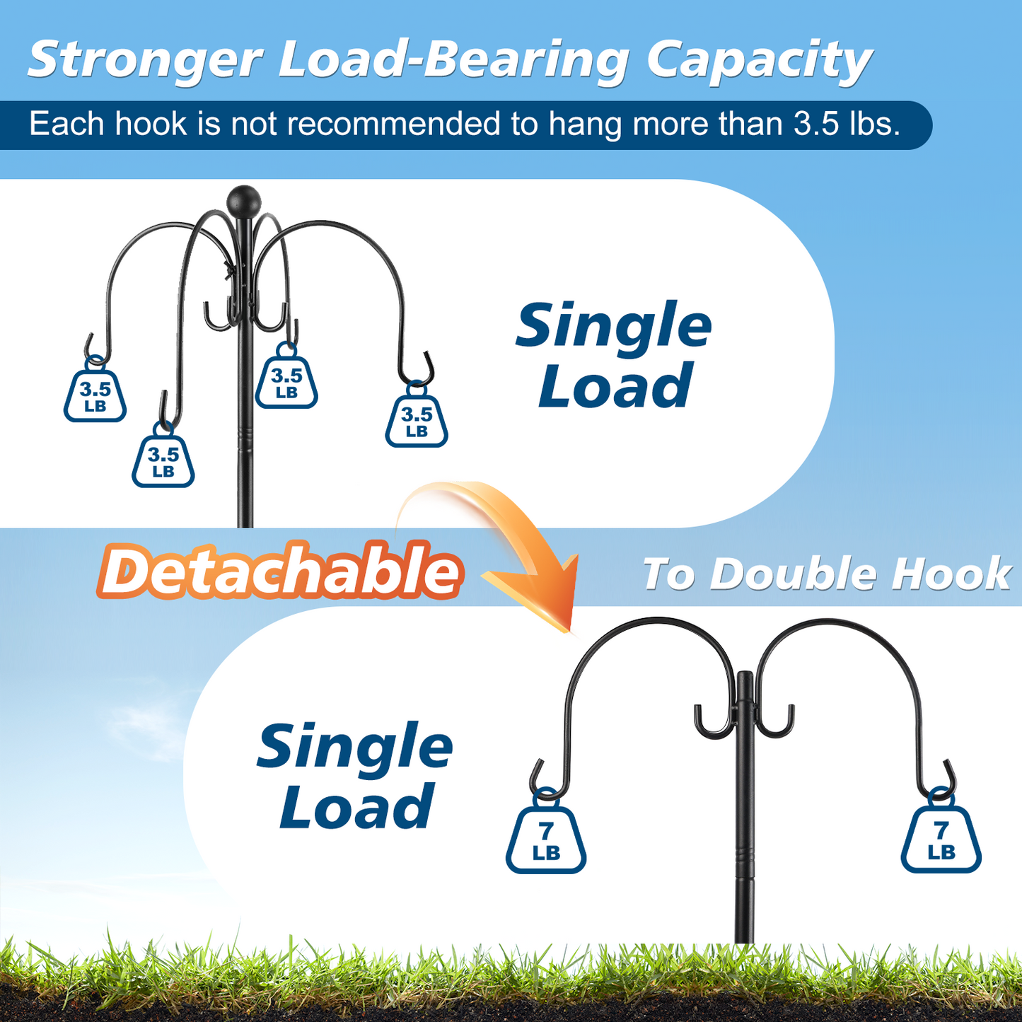 Teblint 88" Heavy Duty Shepherds Hooks for Outdoor, 4-Hook Adjustable Bird Feeder Pole with Reinforced 5-Prong Base, Garden Hanger Stand for Bird Feeders, Hanging Plants, Solar Lights & Lanterns