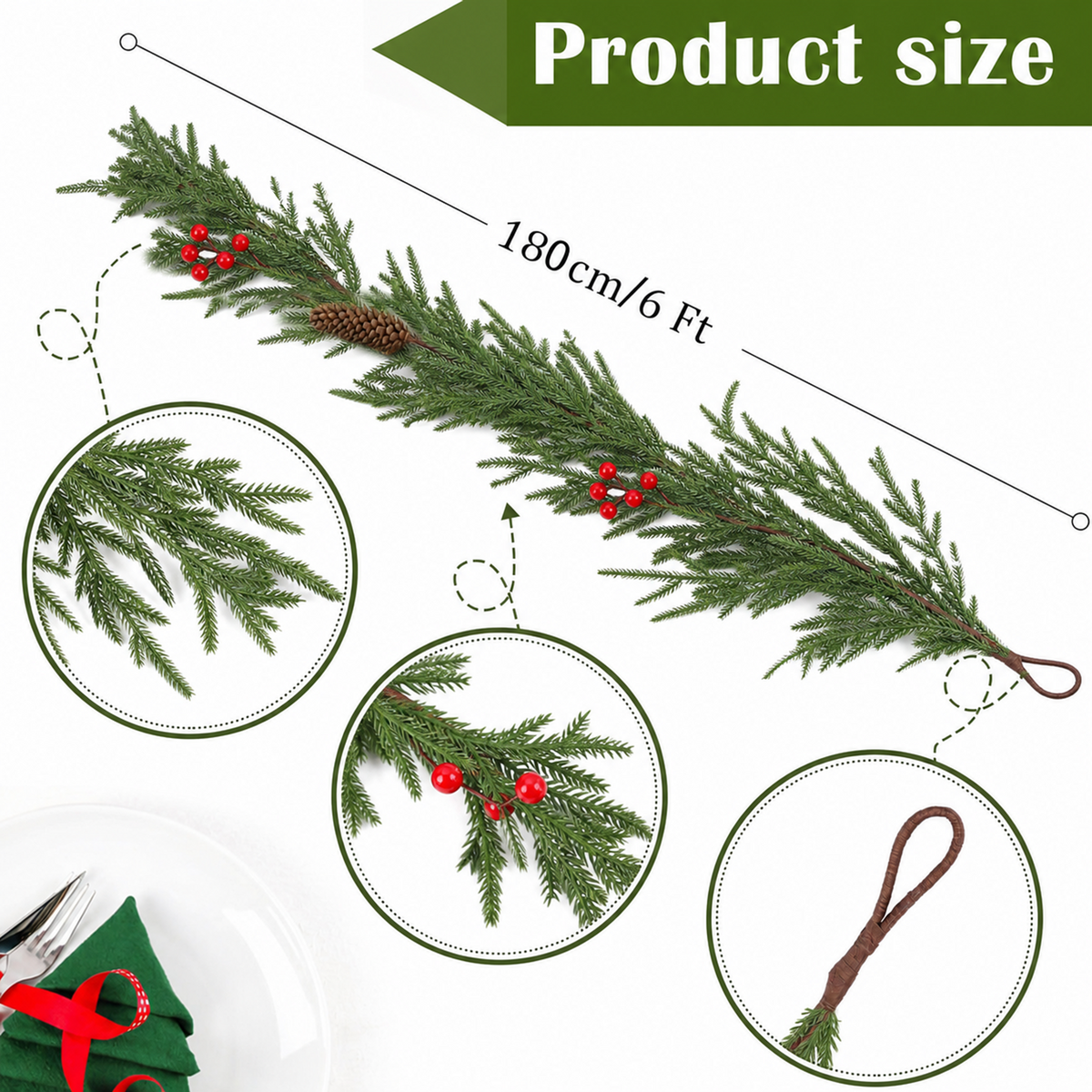PUCACHI 2 Pcs 6 Ft Christmas Garland,Artificial Norfolk Pine Garlands with Red Berries Pinecone,Artificial Greenery Garland for Table,Mantle,Indoor,Outdoor Christmas Decorations（Green）