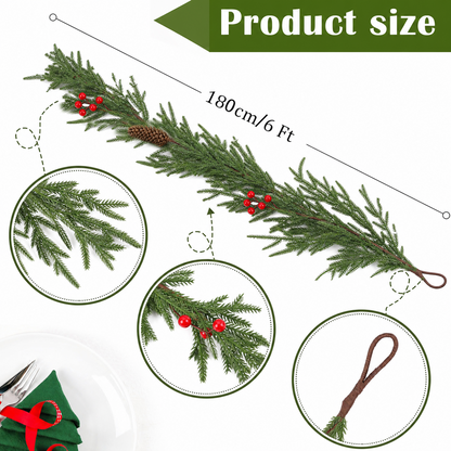 PUCACHI 2 Pcs 6 Ft Christmas Garland,Artificial Norfolk Pine Garlands with Red Berries Pinecone,Artificial Greenery Garland for Table,Mantle,Indoor,Outdoor Christmas Decorations（Green）