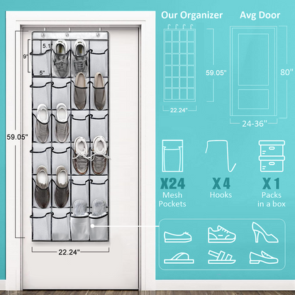 SPORTS JOY 24 Pocket Over the Door Shoe Organizer with 4 Metal Hooks, Breathable Mesh Hanging Shoe Organizer, Hanging Storage Bag for Store Shoes, Toys, Cosmetics, Jewelry, Miscellaneous Items(White)