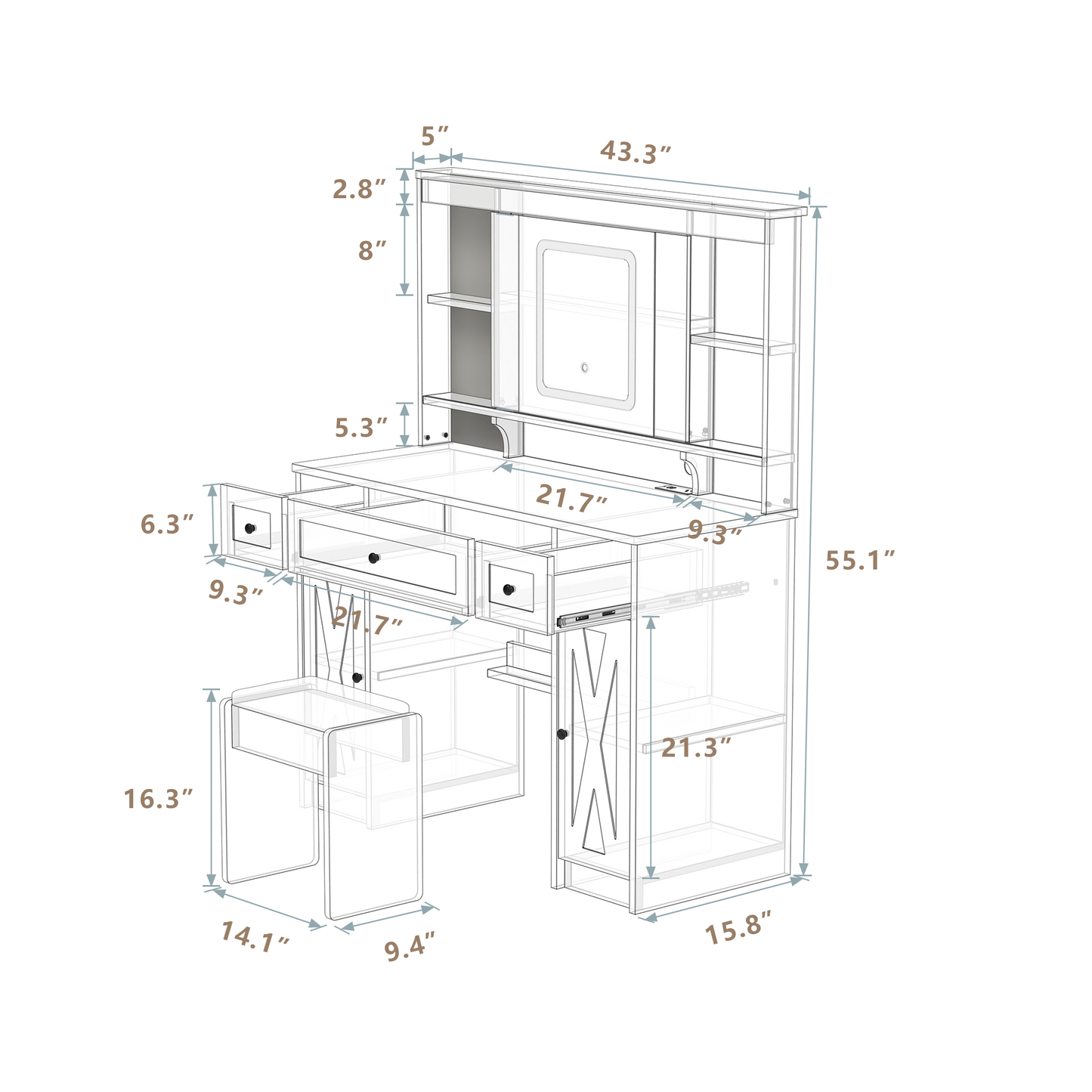 Farmhouse Vanity Desk With Mirror And Lights, Adjustable Lighting 3 Modes Makeup Mirror, Makeup Table With Power Strip, Cushioned Stool For Bedroom