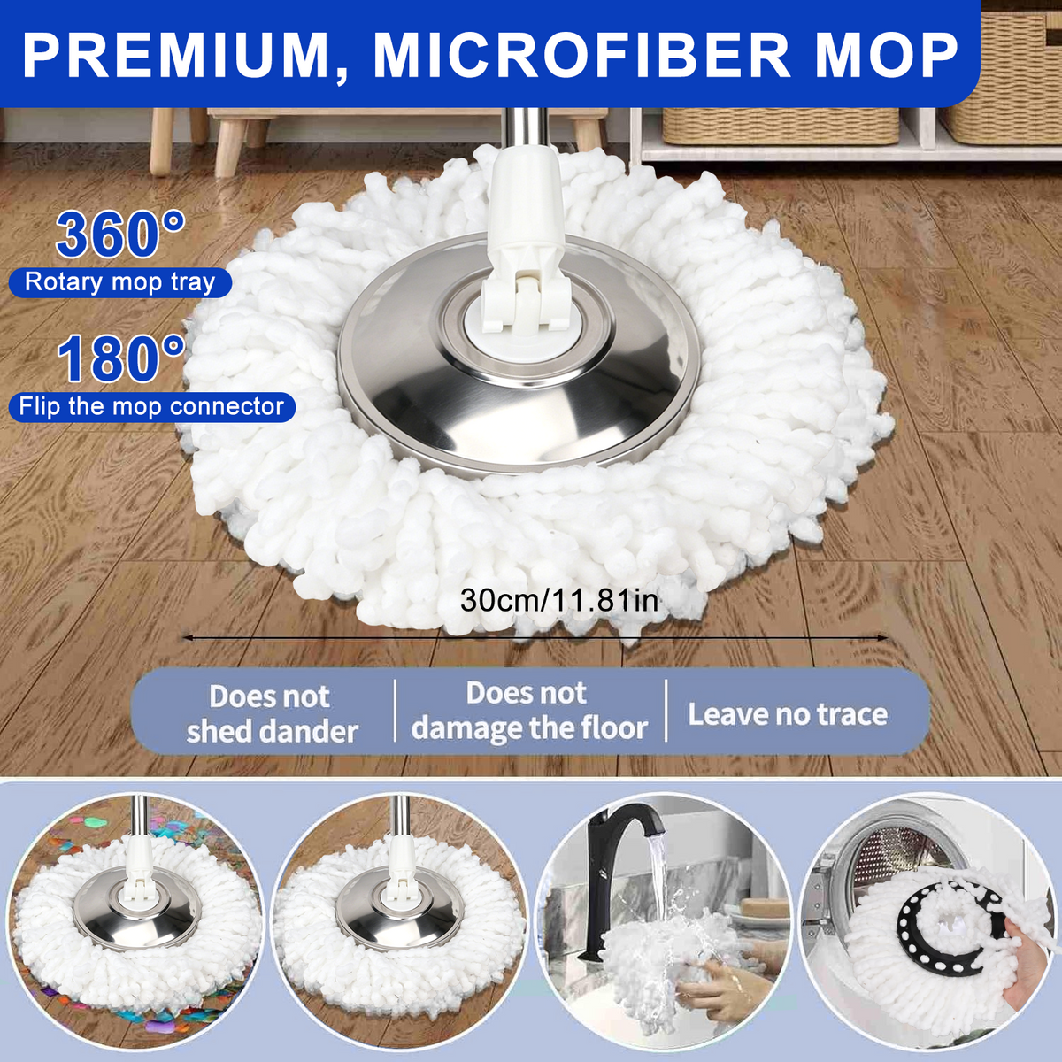 Spin Mop Replacement Handle,47 inch 360°Rotating Telescopic Replacement Mop Stick with 1 Stainless Steel Disc Base - 3 Microfiber Mop Replacement Heads,Suitable for Floors,Walls,Outdoor Areas