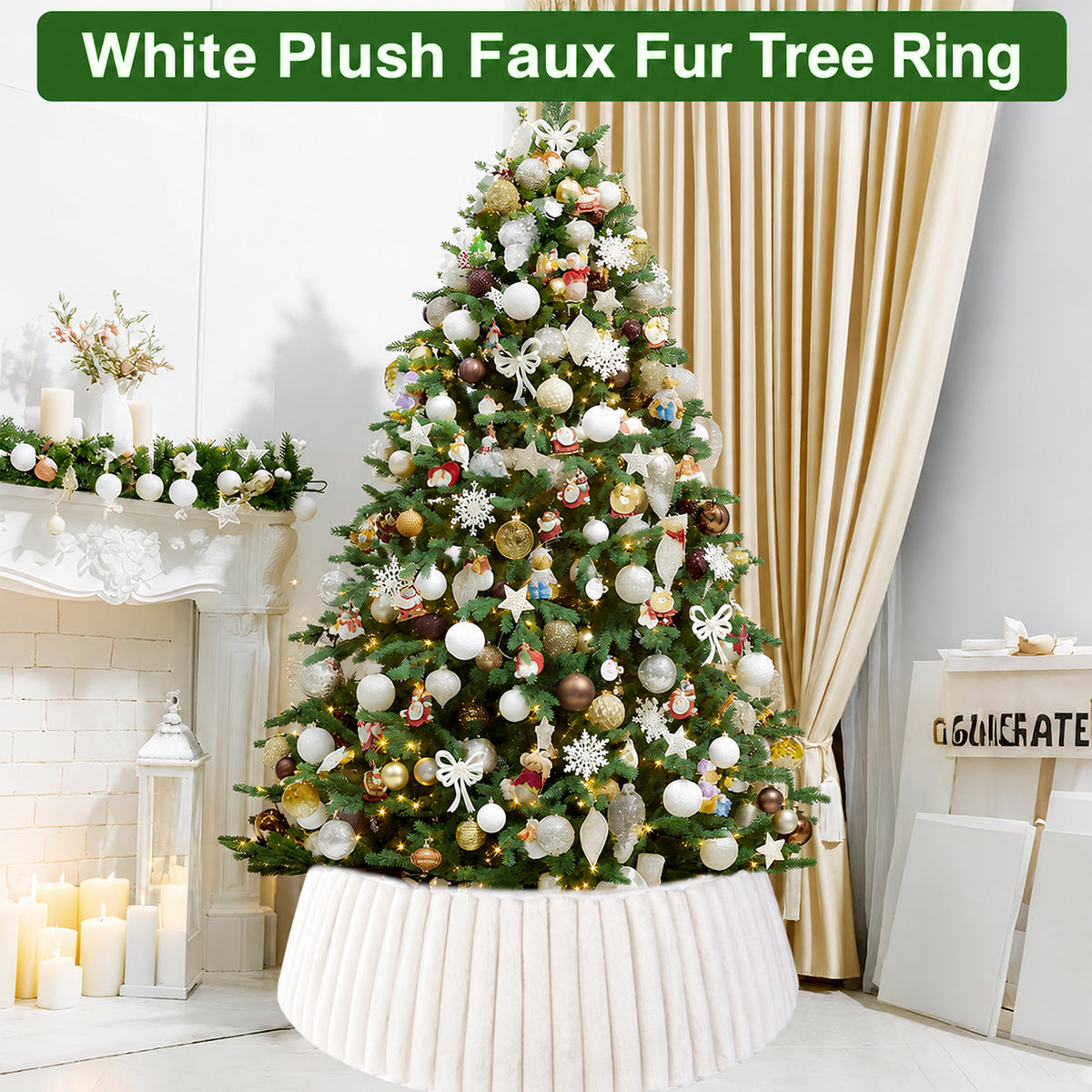 PUCACHI Christmas Tree Collar,Rustic White Luxury Plush Faux Fur AdjustableTree Ring with Stripe Textured Pattern,23-28in Boho Tree Collar Fits for a 4 - 6 Ft Christmas Tree Decor