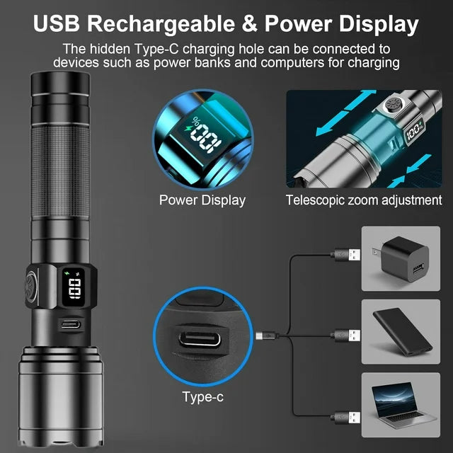 Powerful Flashlight, Rechargeable Waterproof Searchlight, Super Bright Handheld Led Flashlight, Tactical Flashlight USB Zoom Torch for Emergency Hiking Hunting Camping