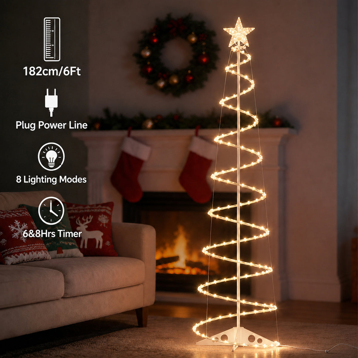 PUCACHI 6Ft Spiral Christmas Tree Light,168LEDs Outdoor Christmas Tree with Star Topper & Stakes,Timer & Dimmable,Christmas Decorations for Porch Patio Garden Holiday(Warm White)