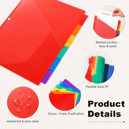 PUCACHI 24-Count Binder Dividers with 6 Color Tabs, 4 Sets of Page Dividers for 3 Ring Binder, US Letter Size, Back to School Supplies