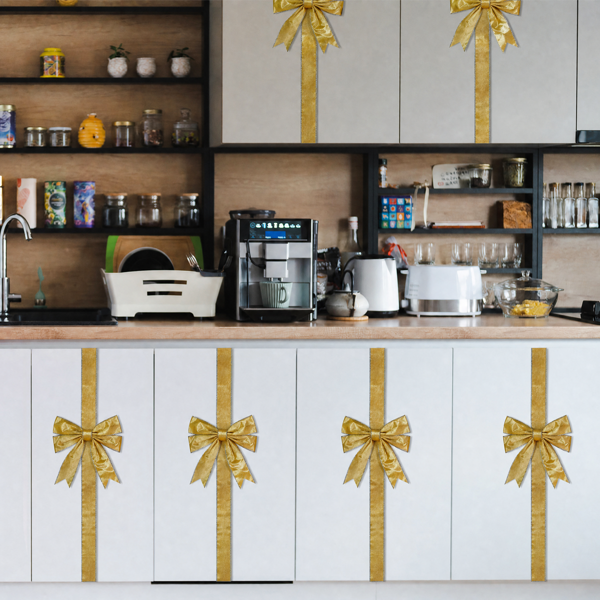 PUCACHI 6 Pcs Christmas Cabinet Door Bows,8x40 Inches Festive Ribbons Large Door Ribbon Party Decorations,for Cabinets Furniture and Kitchen Christmas Party Decorations（Gold）