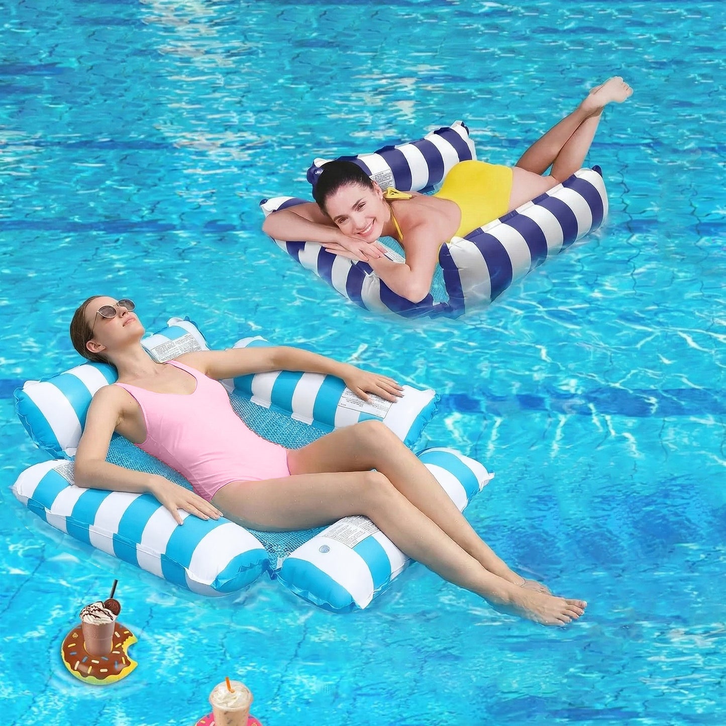 Teblint 4-in-1 Inflatable Pool Floats Adult, 2pack Multi-Purpose Water Hammock, Floating Lounger for Swimming Pool Lake Beach, Adults Vacation Fun and Rest(Dark Blue+Sky Blue)