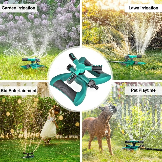 Garden Sprinklers, Water Sprinkler Automatic 360 Degree Rotating Irrigation System for Lawn Yard and Large Coverage Area Oscillating Hose (Green)