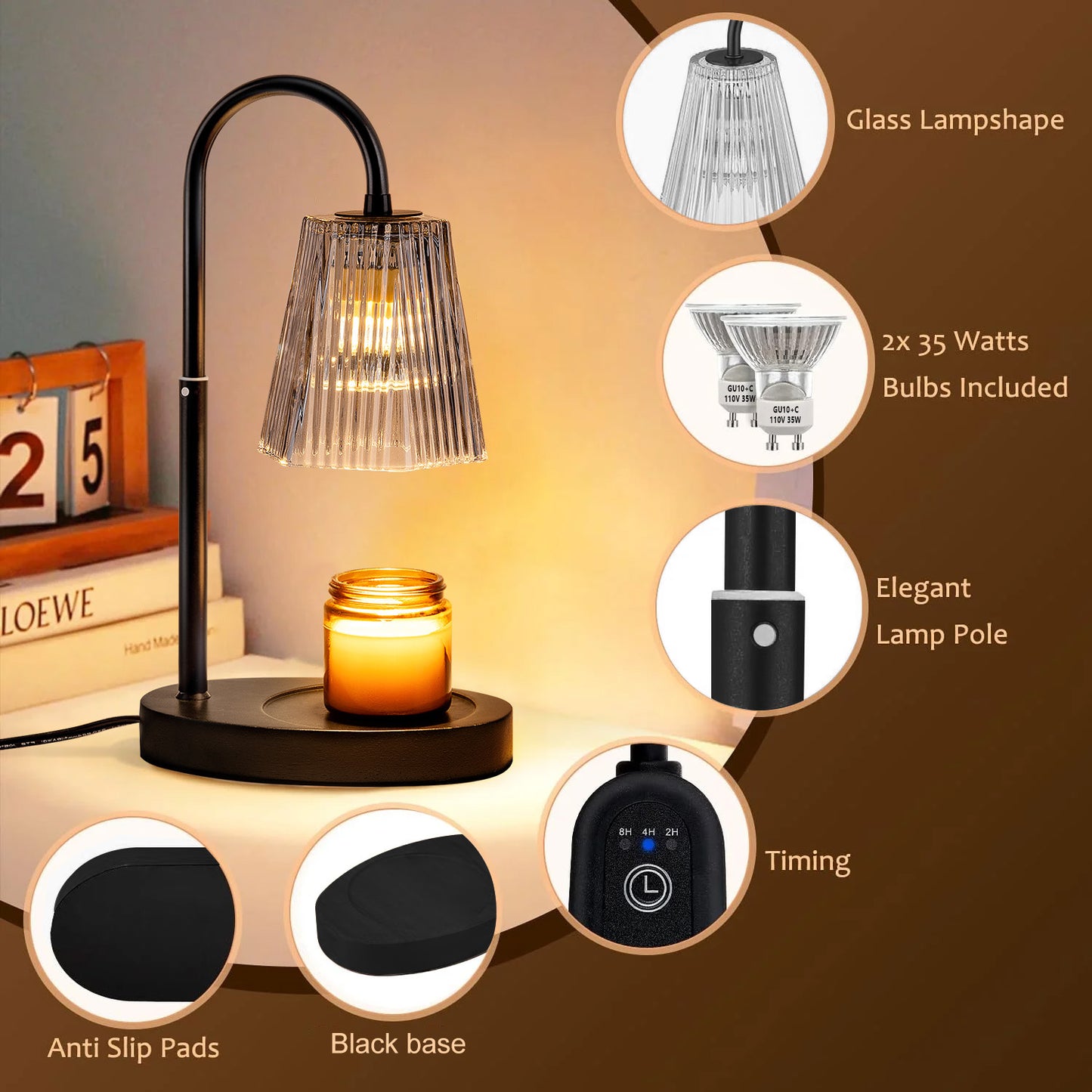 Candle Warmer Lamp with Timer,Dimmable & Adjustable Height Wax Melts Warmer,Top Down Melting for All Jar Candles,Black (Includes 2 Halogen Bulbs)
