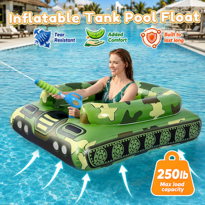 Inflatable Tank Pool Floats Adults - Large Pool Floaties Swimming Pool Tank with Water Cannon Blaster Swim Floaty Rafts Lake Beach Party Water Toys for Adults Green