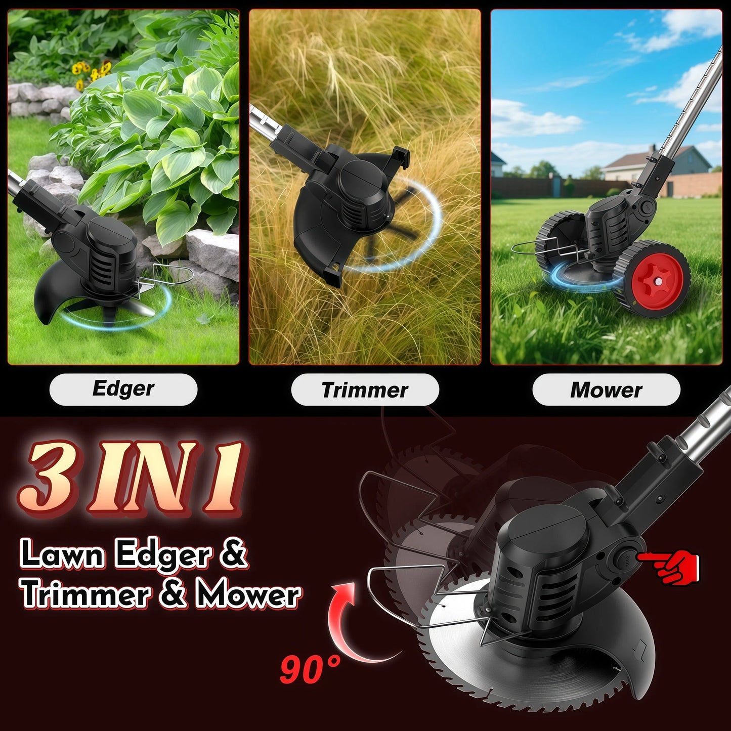 Teblint 650W Electric Weed Wacker, Cordless String Trimmer, Weed Eater Grass Trimmer/Edger/Cutter with Wheels, 2Pcs 21V Batteries, 5 Types of Blades, Adjustable Length for Lawn Yard Garden (Black)