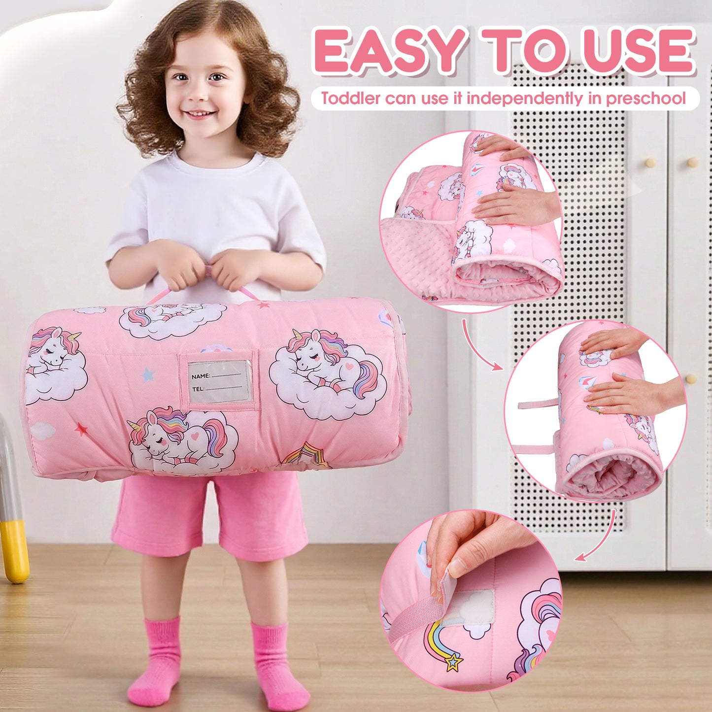 Teblint Thickened Toddler Nap Mat with Removable Pillow & Minky Blanket, 51''x20'' Sleeping Bag, Washable, Roll up, Perfect for Daycare, Preschool, Kindergarten, Boys and Girls Pink